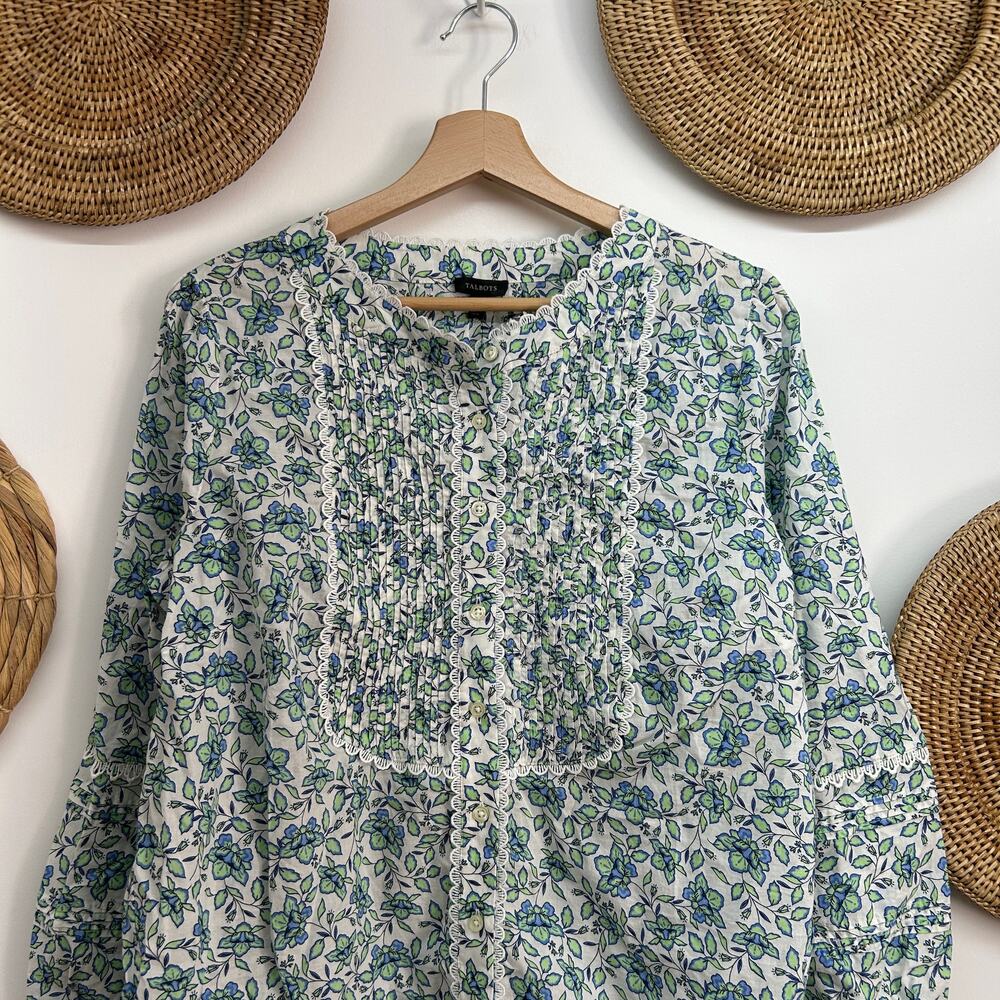 NEW Talbots Flower Floral Button Up Ruffle Lace Long Sleeve Blouse Top Large - Picture 3 of 8